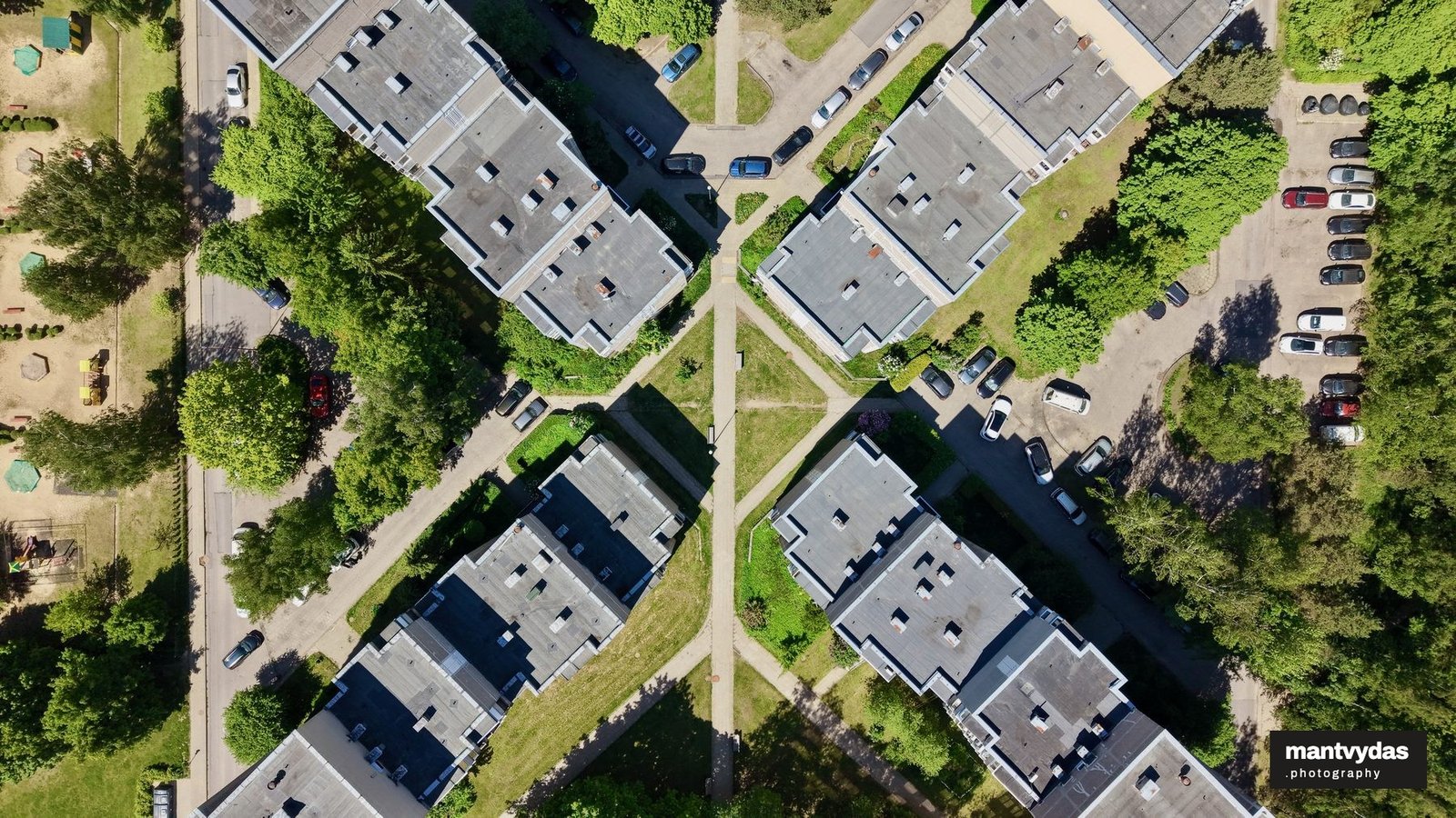 Townhouses from above, Vilnius, spring midday