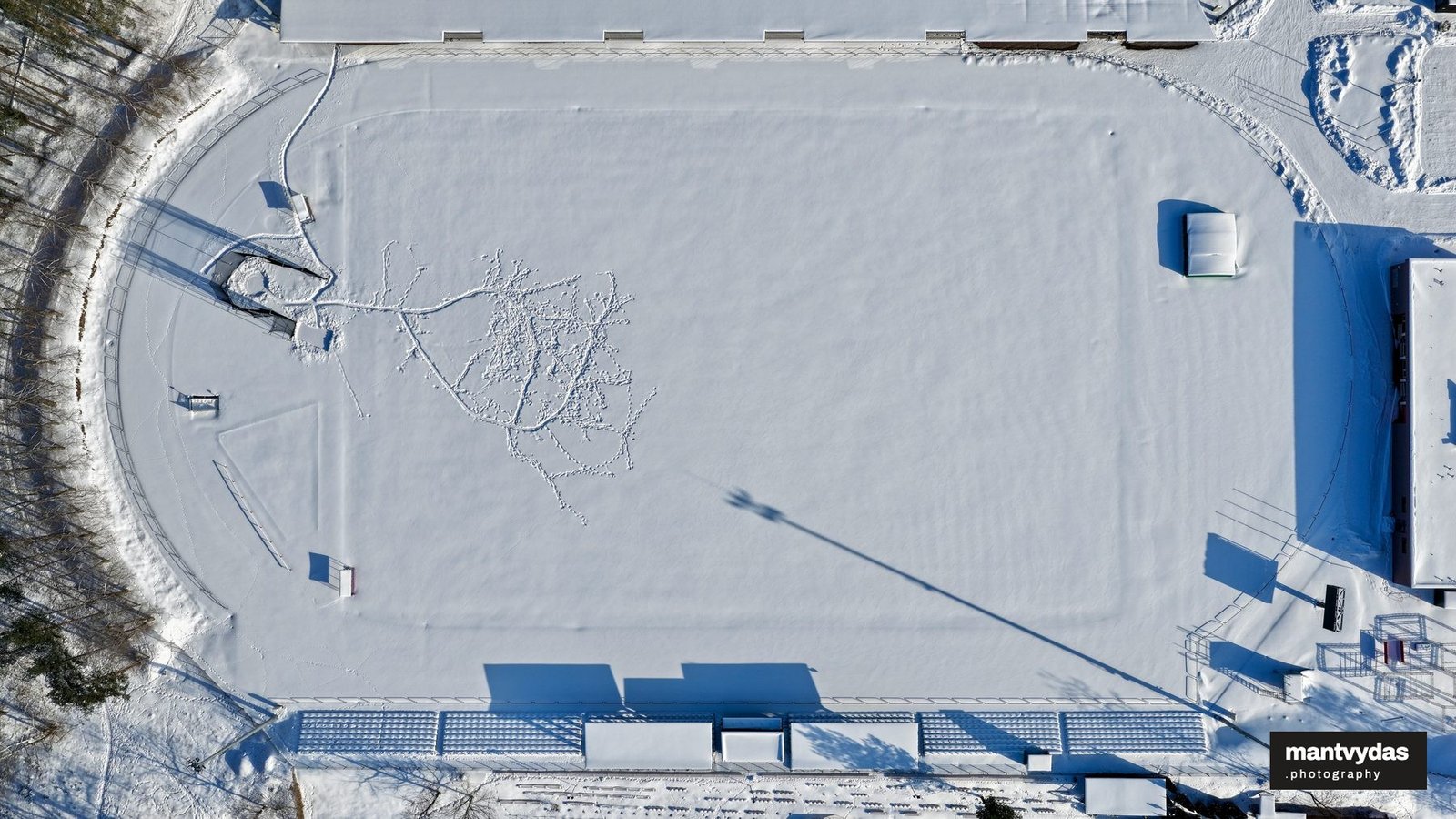 Vingis Park stadium under snow, Vilnius, winter